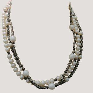 Pearl Multi Strand Silver Tone Beaded Necklace 20 inch Toggle clasp White